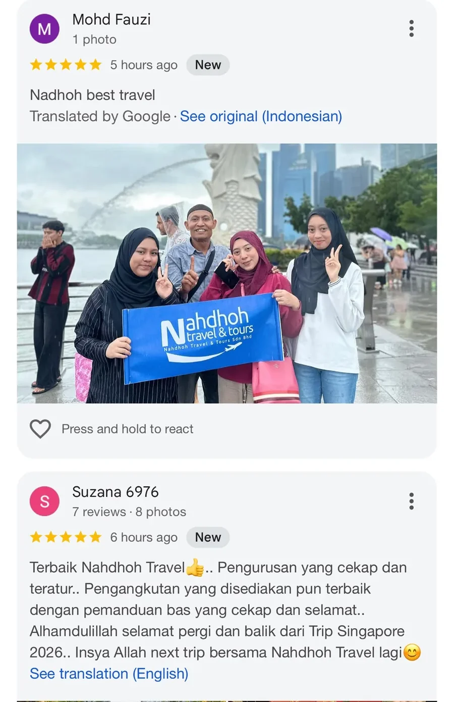Tangkap layar Google Review Nahdhoh Travel yang dibekalkan oleh pelanggan